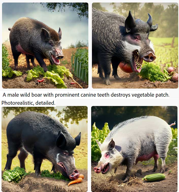 Adobe-KI-Promt: male wild boar with prominent canine teeth destroyes vegetable patch, photorealistic, detailed.