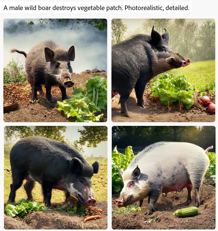 Adobe-Firefly: a male wild boar destroys vegetable patch, photorealistic, detailed