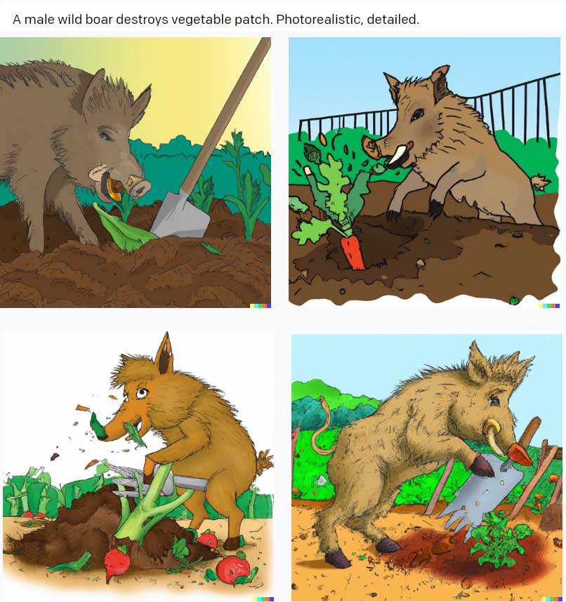 Dall-e2-KI: a male wild boar destroys vegetable patch, photorealistic, detailed. Ergebnis: Comic-Stil!