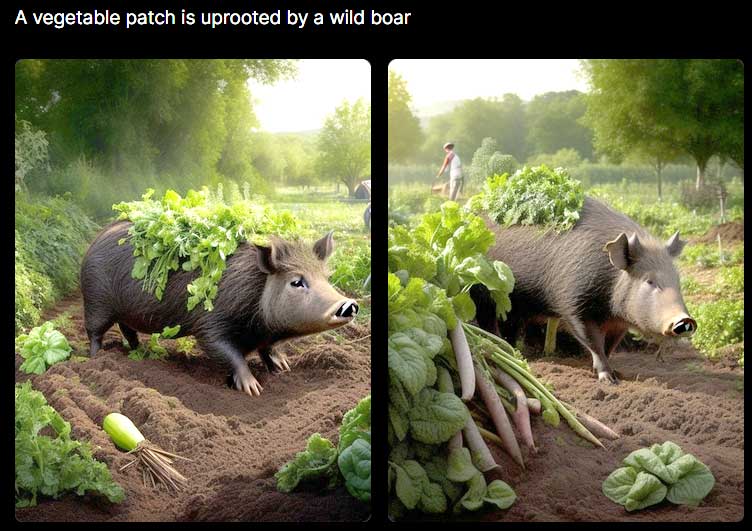 KI Leonardo-Prompt: A vegetable patch is unprooted by a wild boar