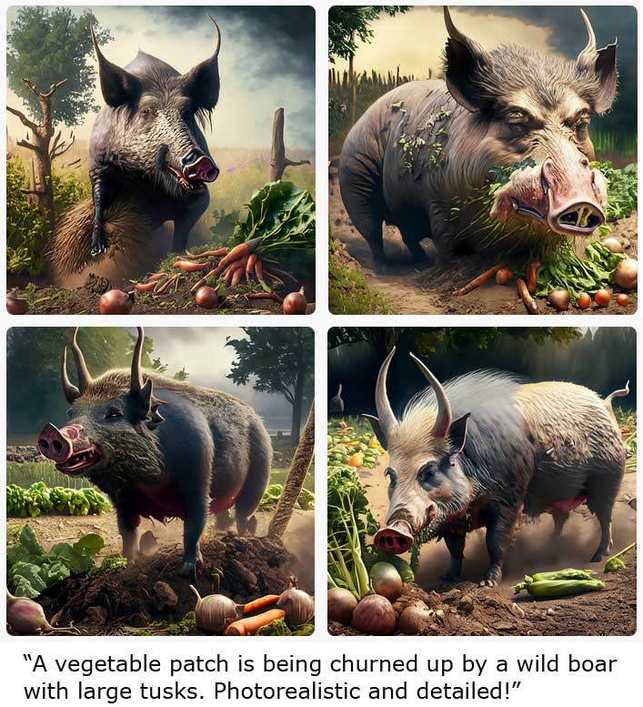 Adobe-Firefly-KI: A vegetable patch is being churned up by a wild boar with large tusks. Photorealistic and detailed! 